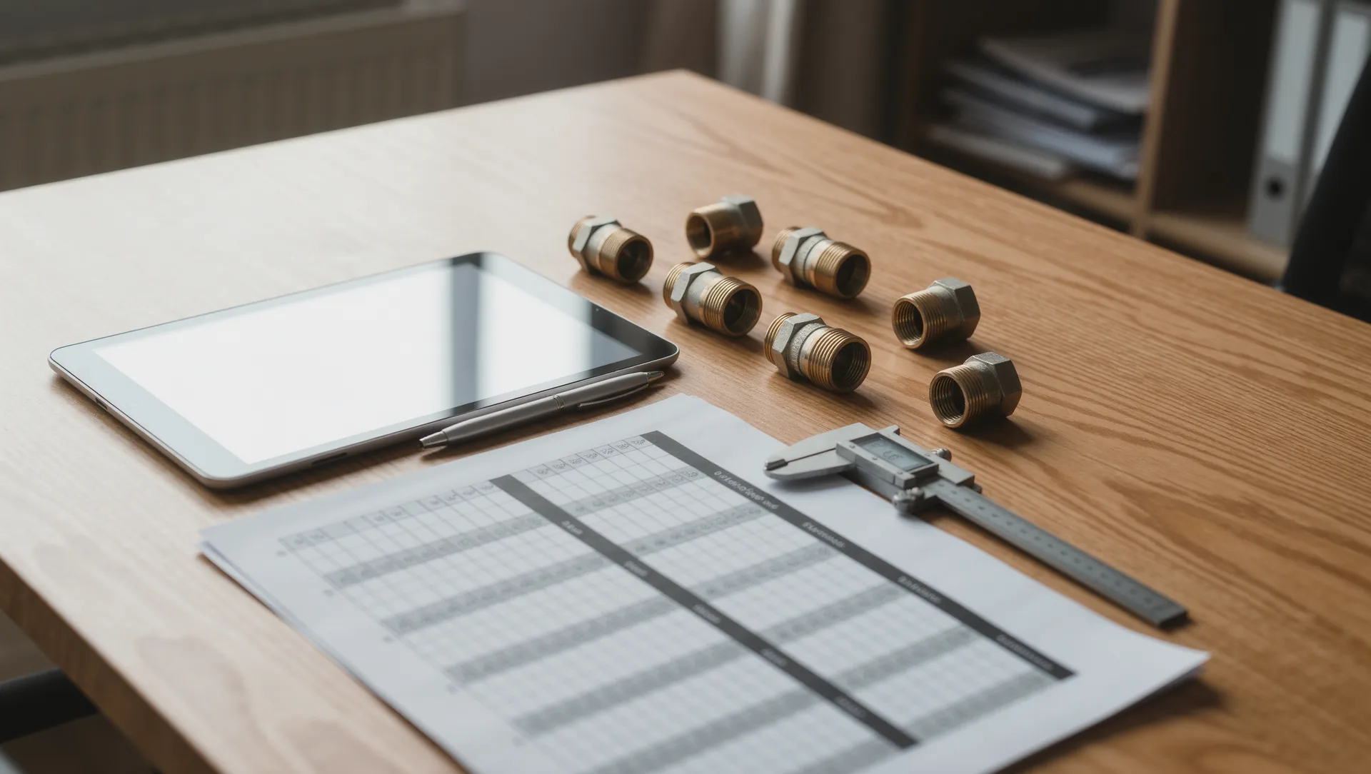 Kostenvoranschlag, Zollstock, Stift und Rohrfittings auf einem Werktisch