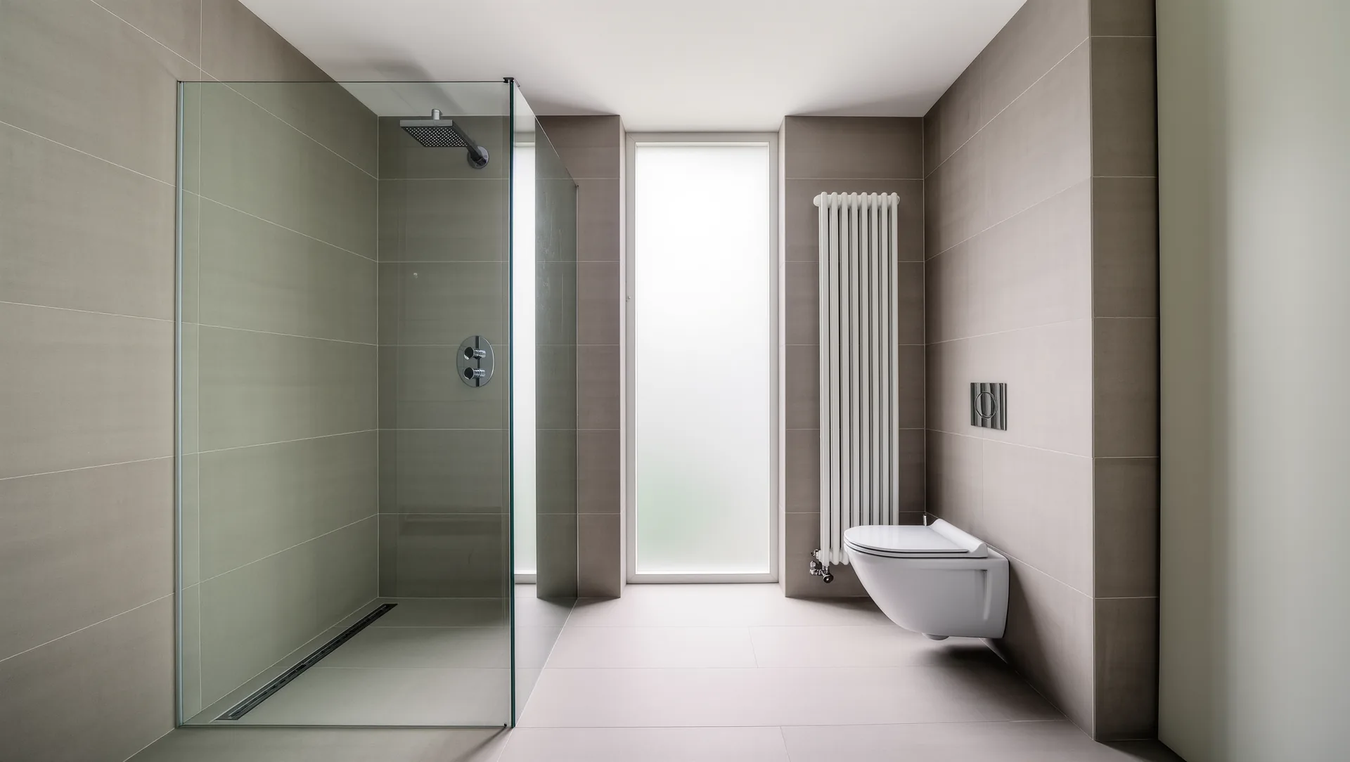 Modernisiertes Badezimmer mit bodengleicher Dusche, Wand-WC und flachem Heizkörper