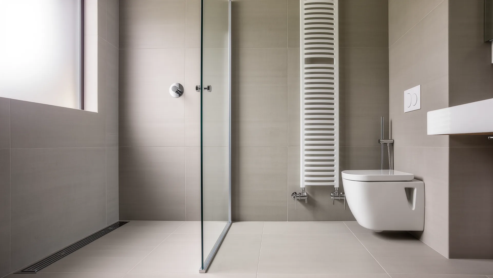 Modernisiertes Badezimmer mit bodengleicher Dusche, Wand-WC und flachem Heizkörper