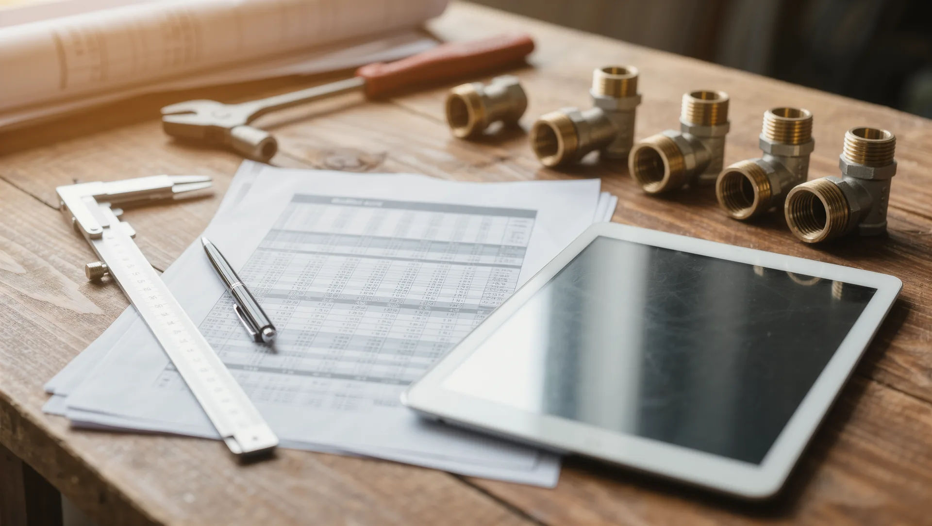 Kostenvoranschlag, Zollstock, Stift und Rohrfittings auf einem Werktisch