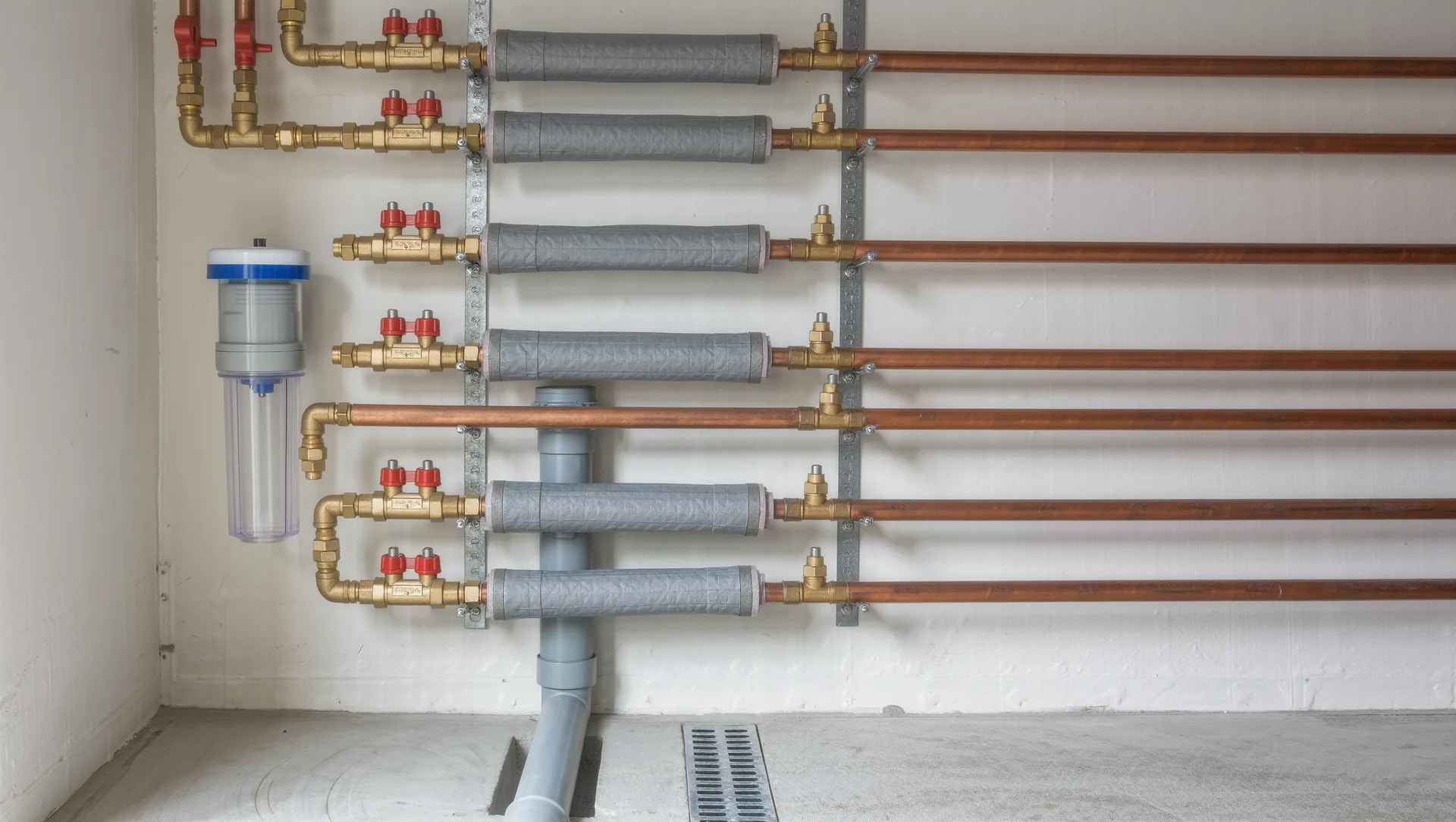Trinkwasserleitungen aus Kupfer und Verbundrohr mit Wasserzähler und Absperrventilen im Keller