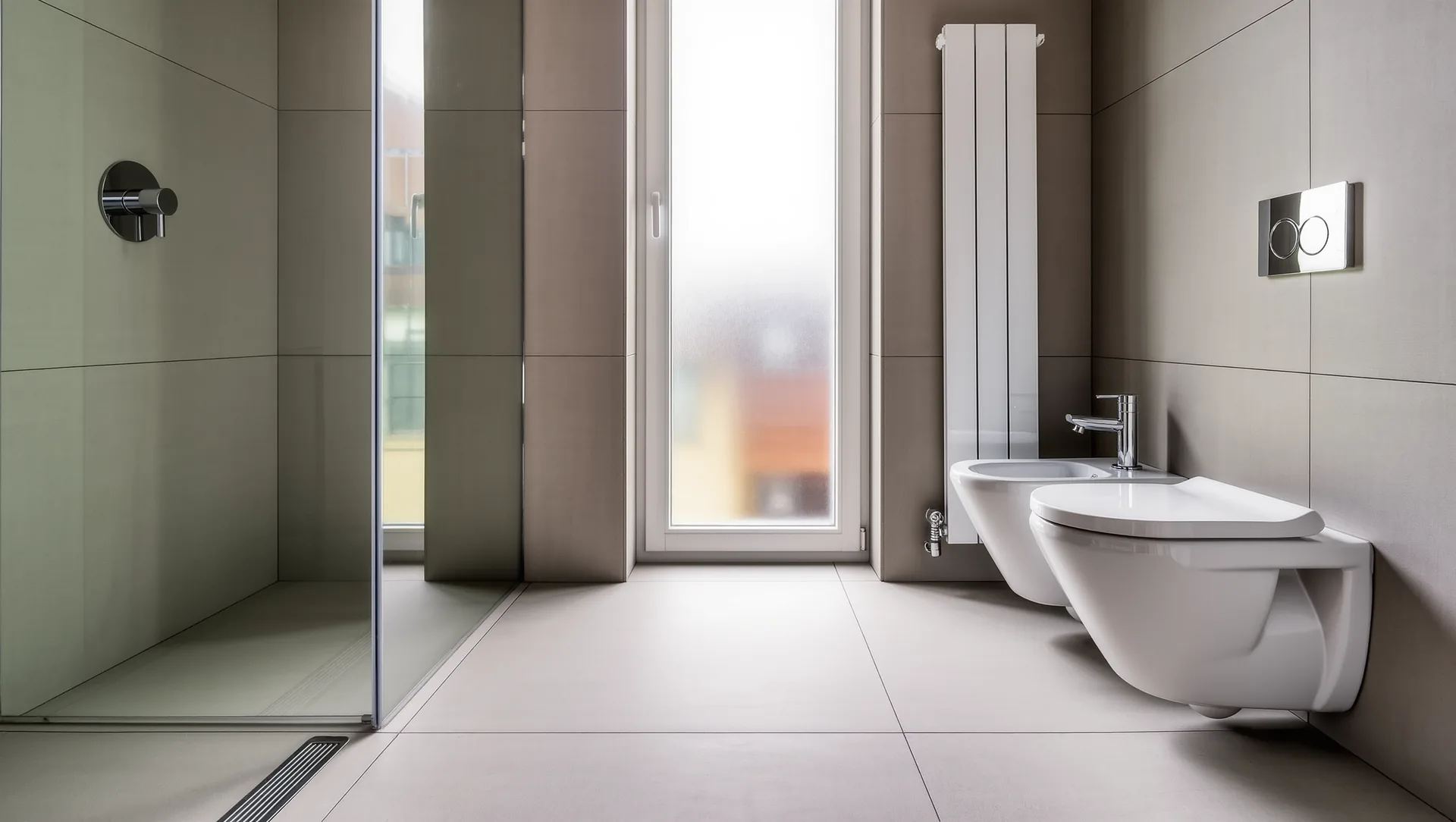 Modernisiertes Badezimmer mit bodengleicher Dusche, Wand-WC und flachem Heizkörper
