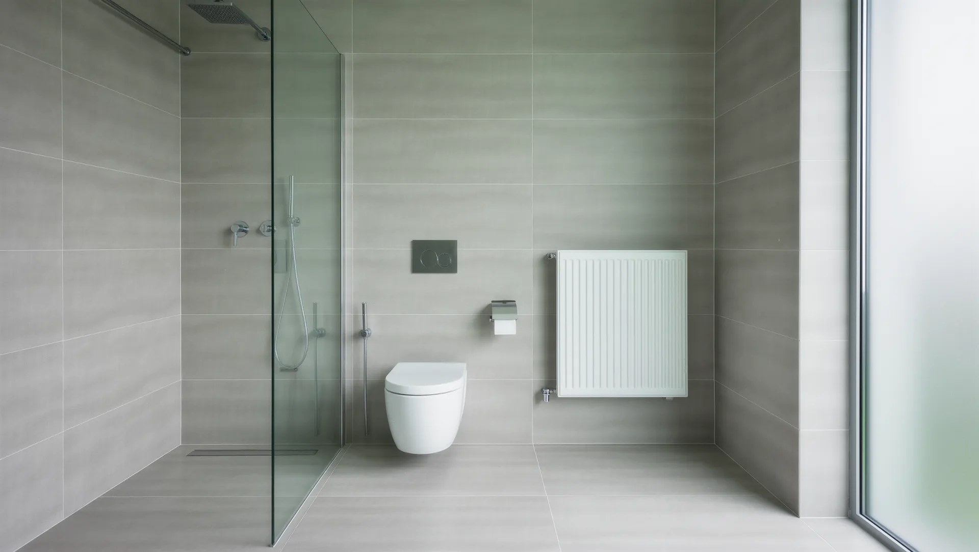 Modernisiertes Badezimmer mit bodengleicher Dusche, Wand-WC und flachem Heizkörper