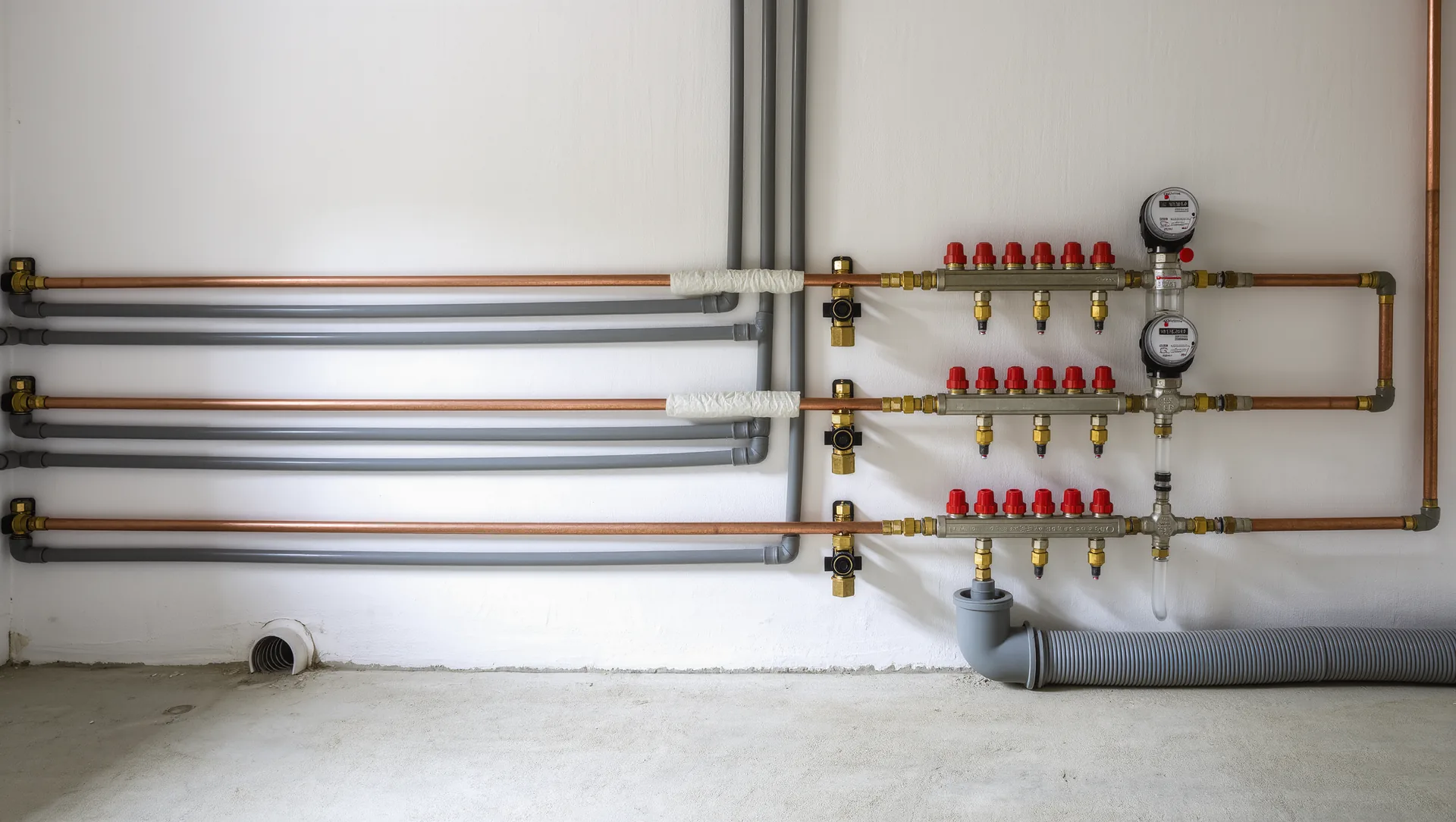 Trinkwasserleitungen aus Kupfer und Verbundrohr mit Wasserzähler und Absperrventilen im Keller