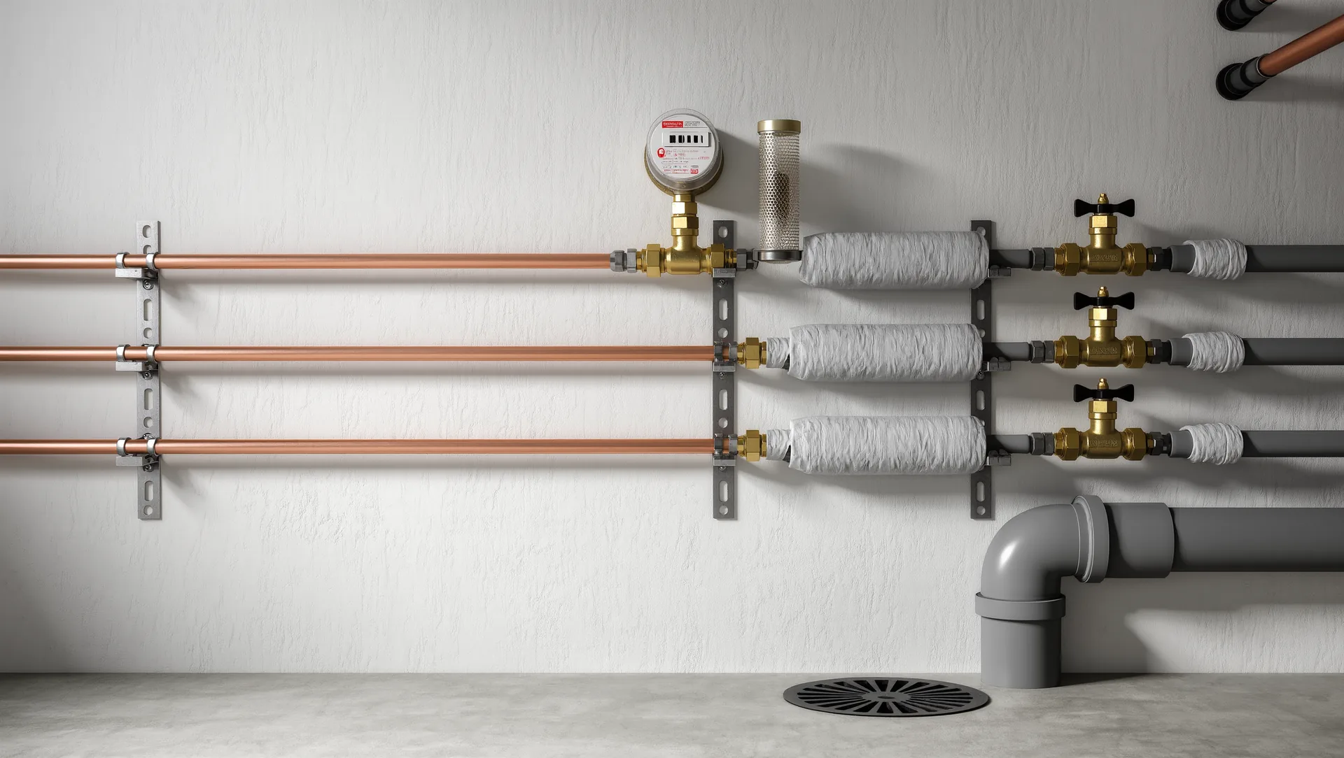 Trinkwasserleitungen aus Kupfer und Verbundrohr mit Wasserzähler und Absperrventilen im Keller
