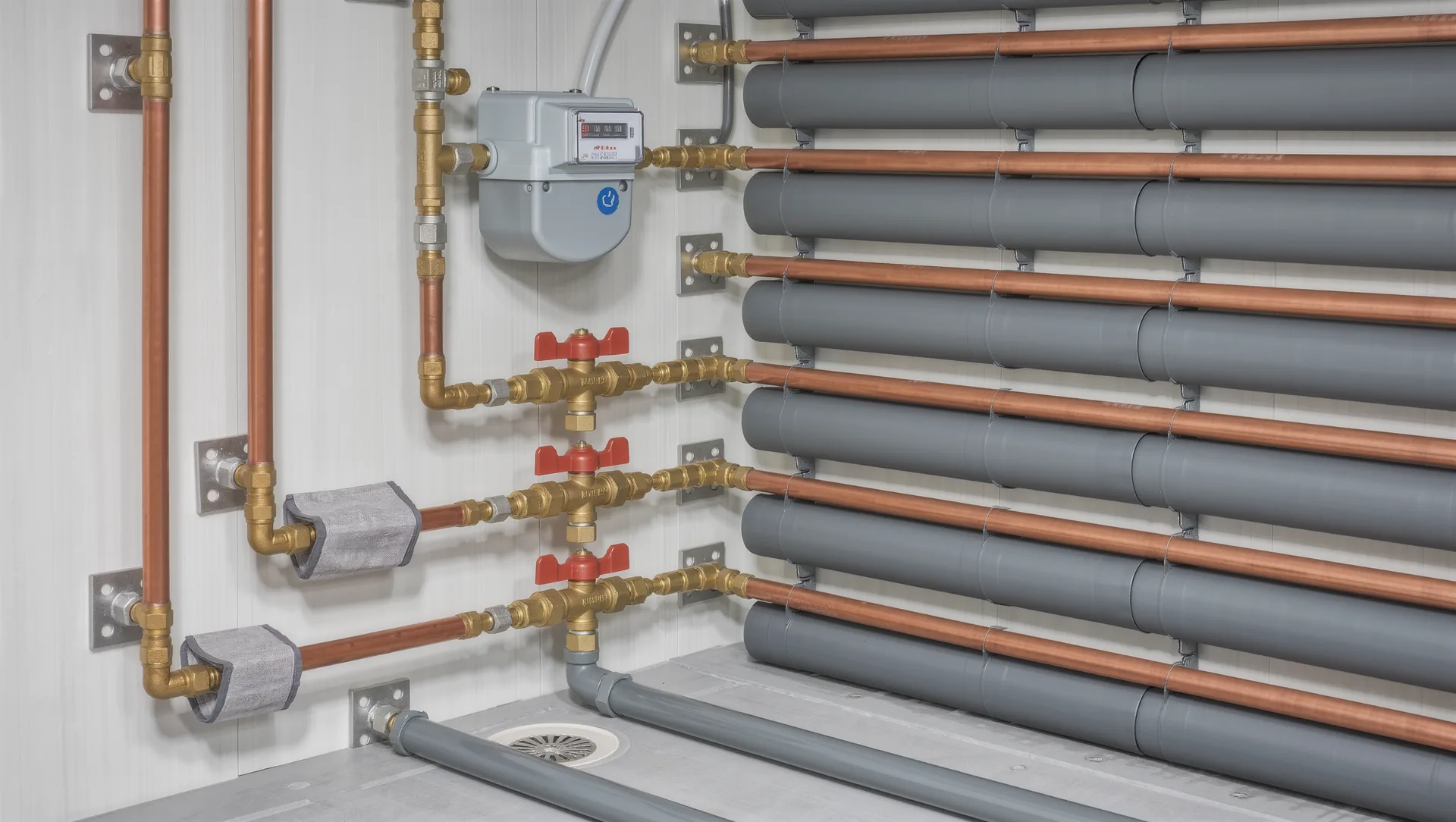 Trinkwasserleitungen aus Kupfer und Verbundrohr mit Wasserzähler und Absperrventilen im Keller