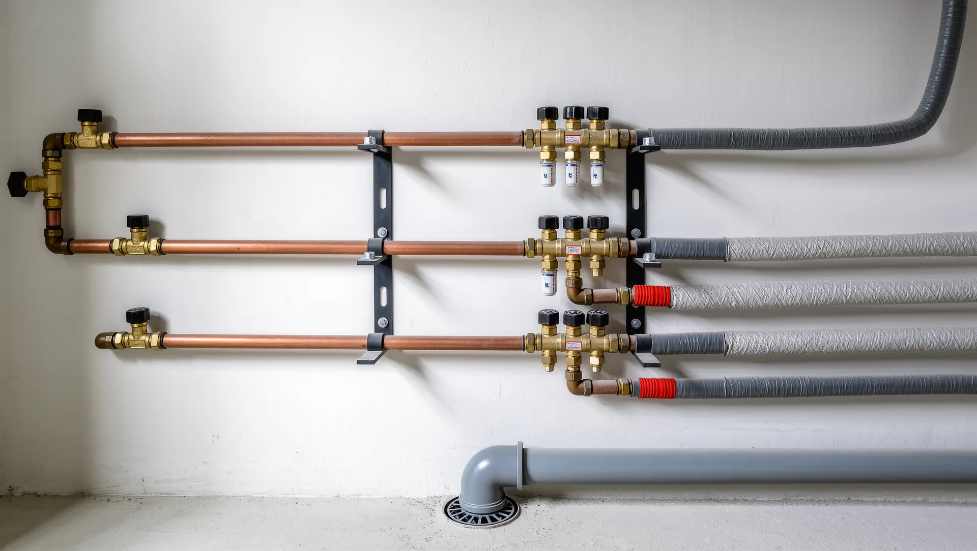 Trinkwasserleitungen aus Kupfer und Verbundrohr mit Wasserzähler und Absperrventilen im Keller