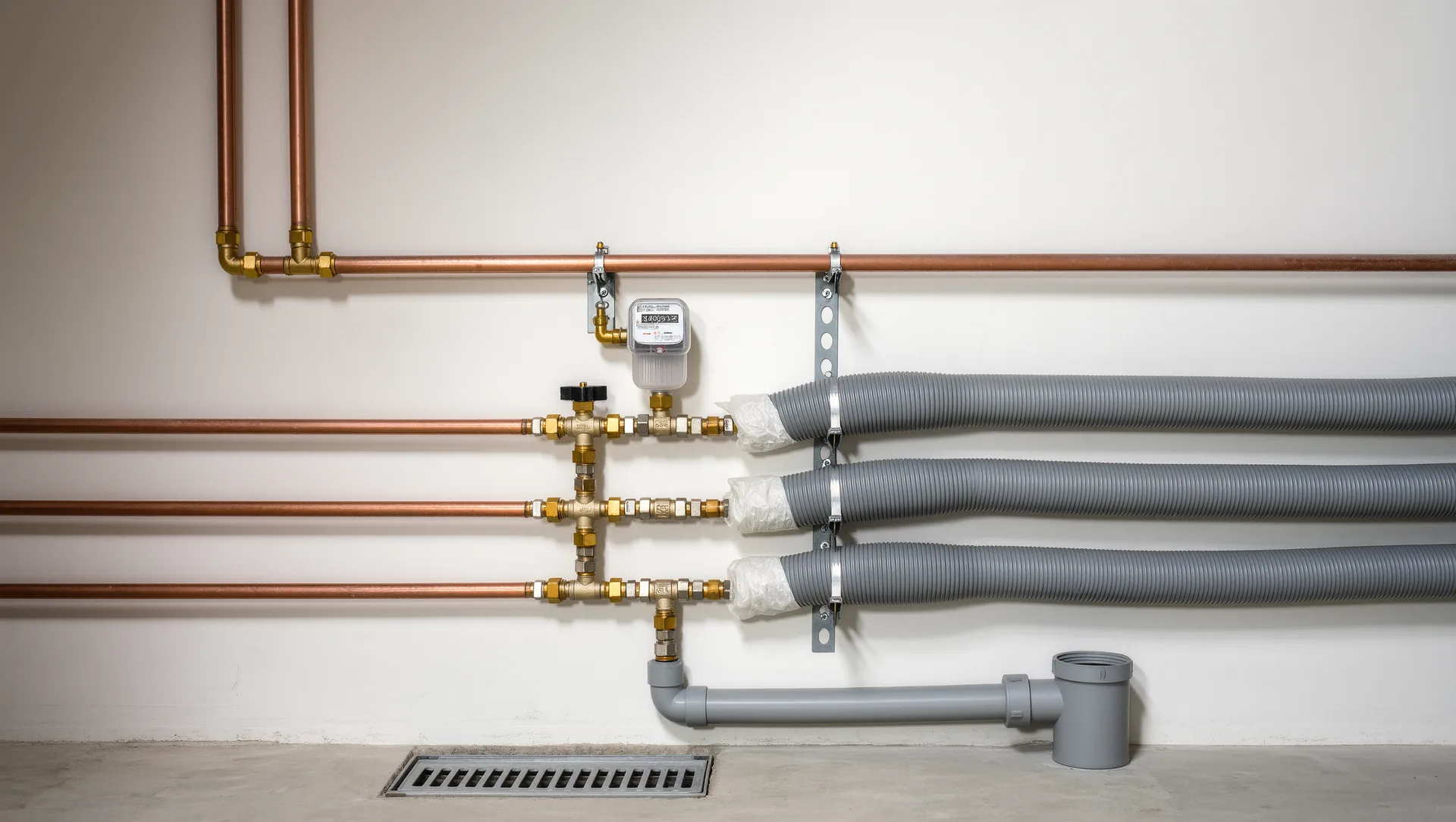 Trinkwasserleitungen aus Kupfer und Verbundrohr mit Wasserzähler und Absperrventilen im Keller