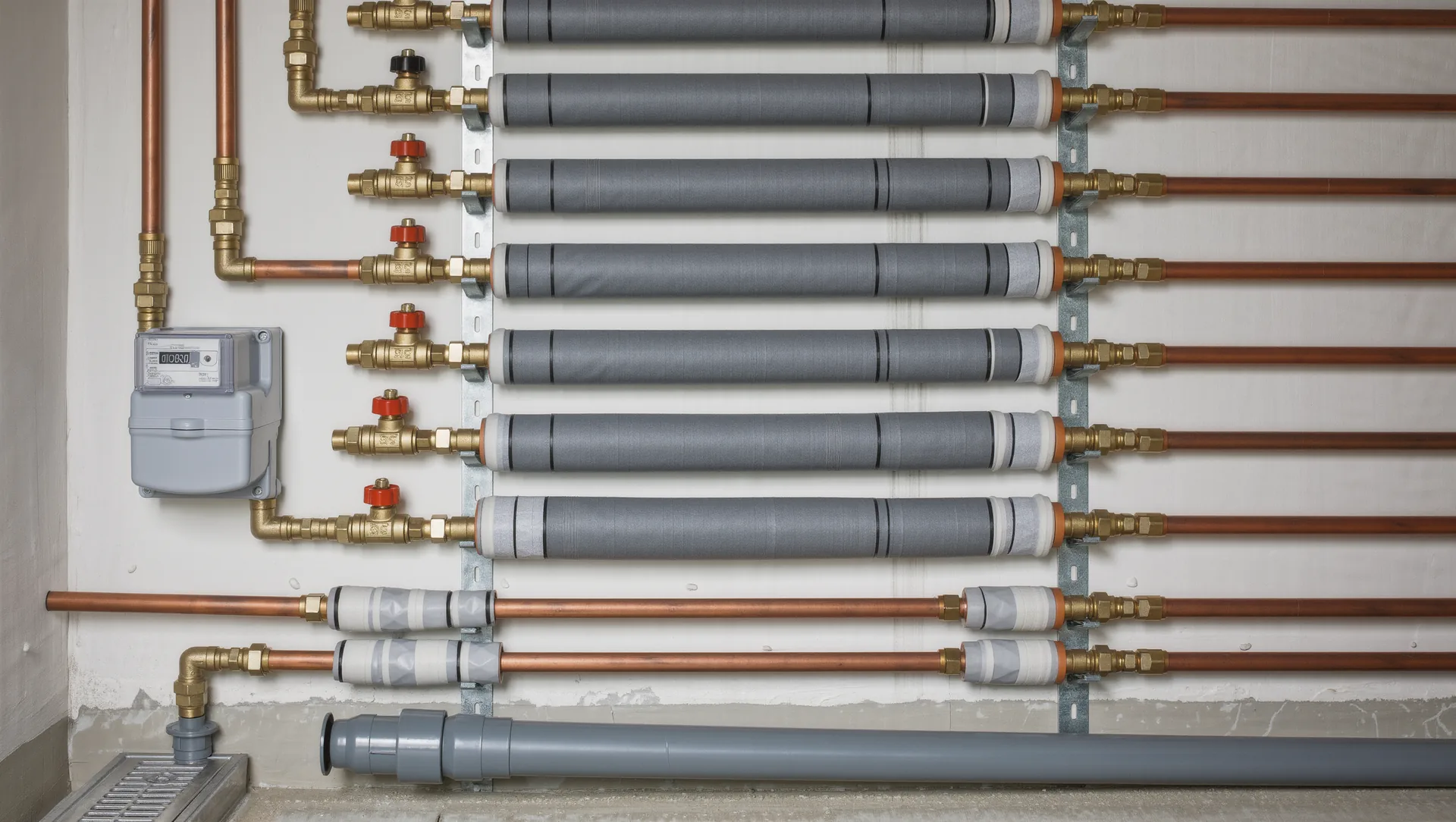 Trinkwasserleitungen aus Kupfer und Verbundrohr mit Wasserzähler und Absperrventilen im Keller