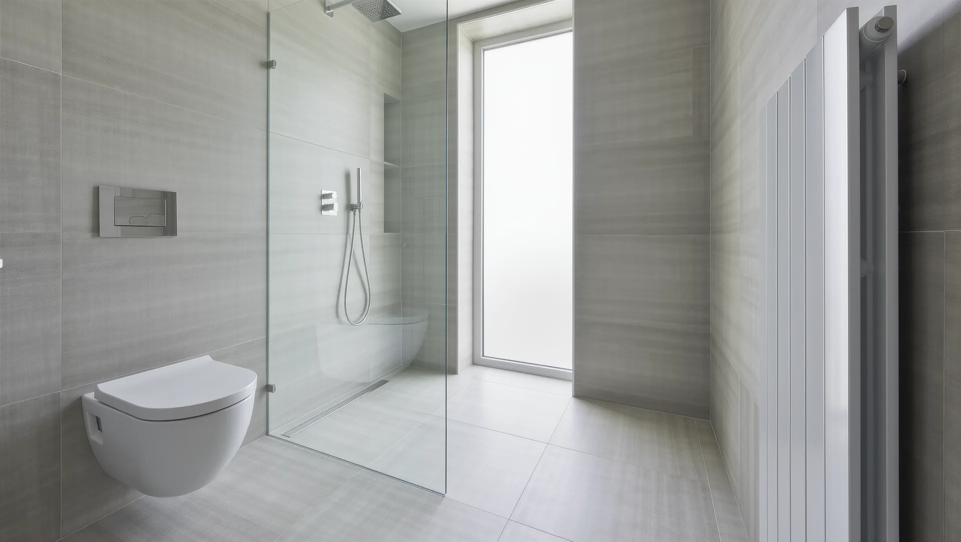 Modernisiertes Badezimmer mit bodengleicher Dusche, Wand-WC und flachem Heizkörper