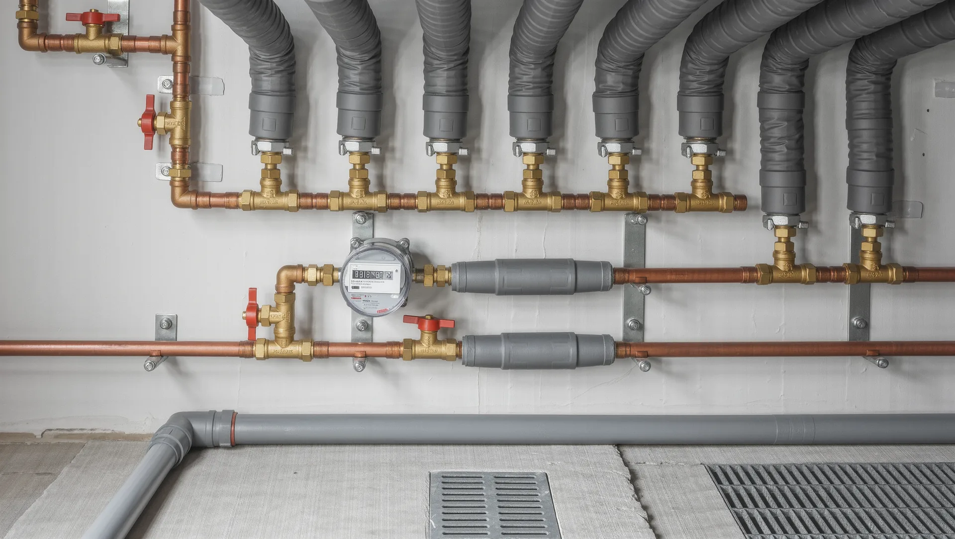 Trinkwasserleitungen aus Kupfer und Verbundrohr mit Wasserzähler und Absperrventilen im Keller